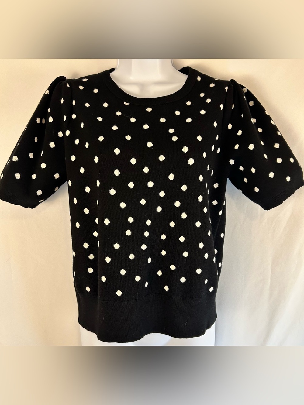 Adrianna Papell Black & White Polka Dot Puff Sleeve Knit Sweater Medium